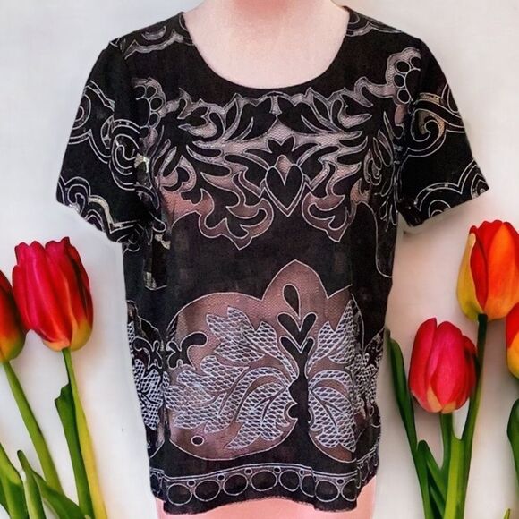 ACEMI MEDIUM BLOUSE TOP LACE SHEER BLACK EMBROIDERED DETAIL - Picture 2 of 6